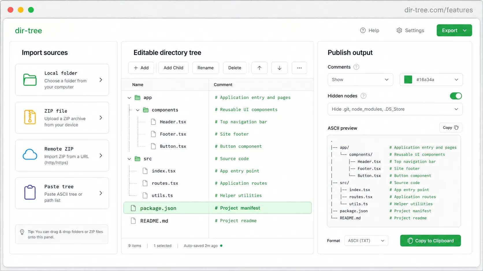 Product screenshot of dir-tree turning folders, ZIP files, and existing tree output into an editable directory tree
