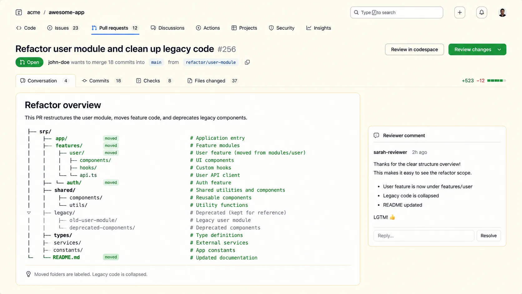 Pull request description using a directory tree to explain moved files and hidden legacy nodes