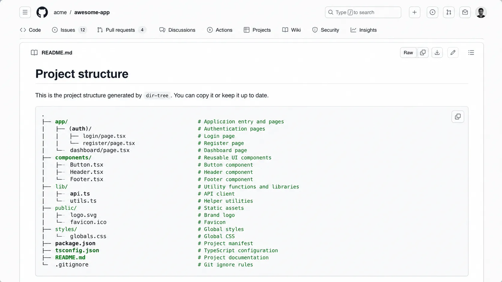 Clean project structure directory tree screenshot embedded in a README document