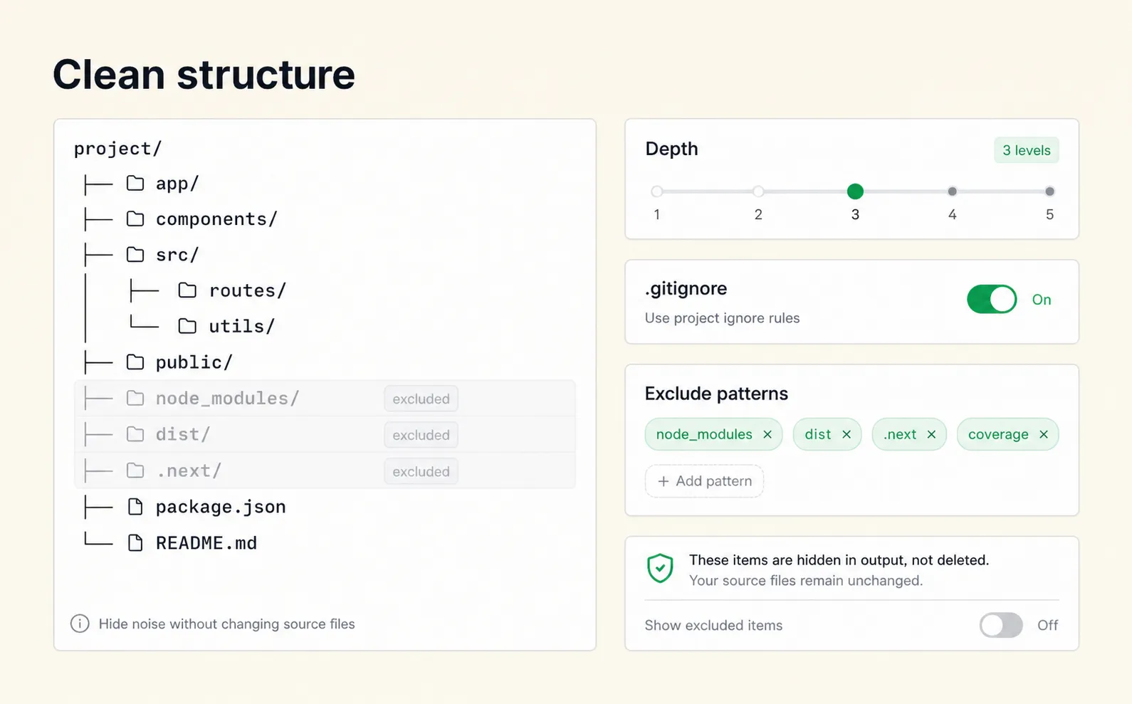 dir-tree interface editing a directory tree and hiding noisy nodes such as node_modules and dist