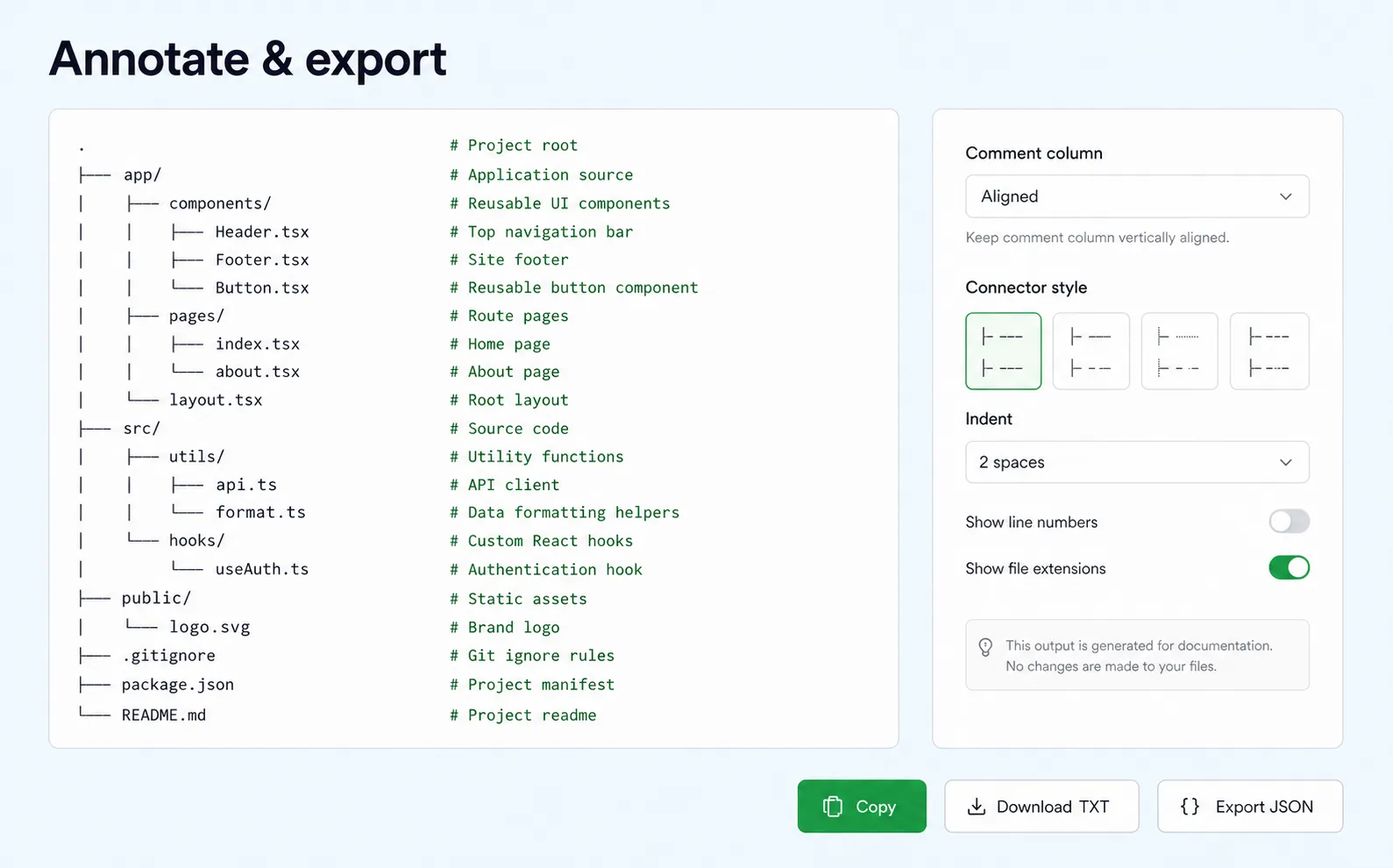 dir-tree interface adding aligned comments and exporting ASCII, TXT, and JSON output