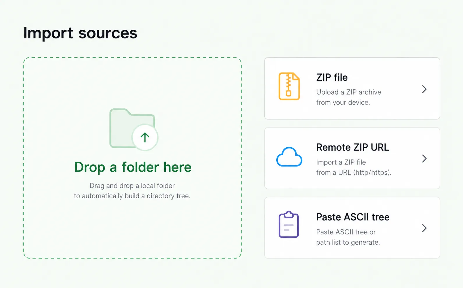 dir-tree interface for folder drag-and-drop, local ZIP, remote ZIP, and existing tree import